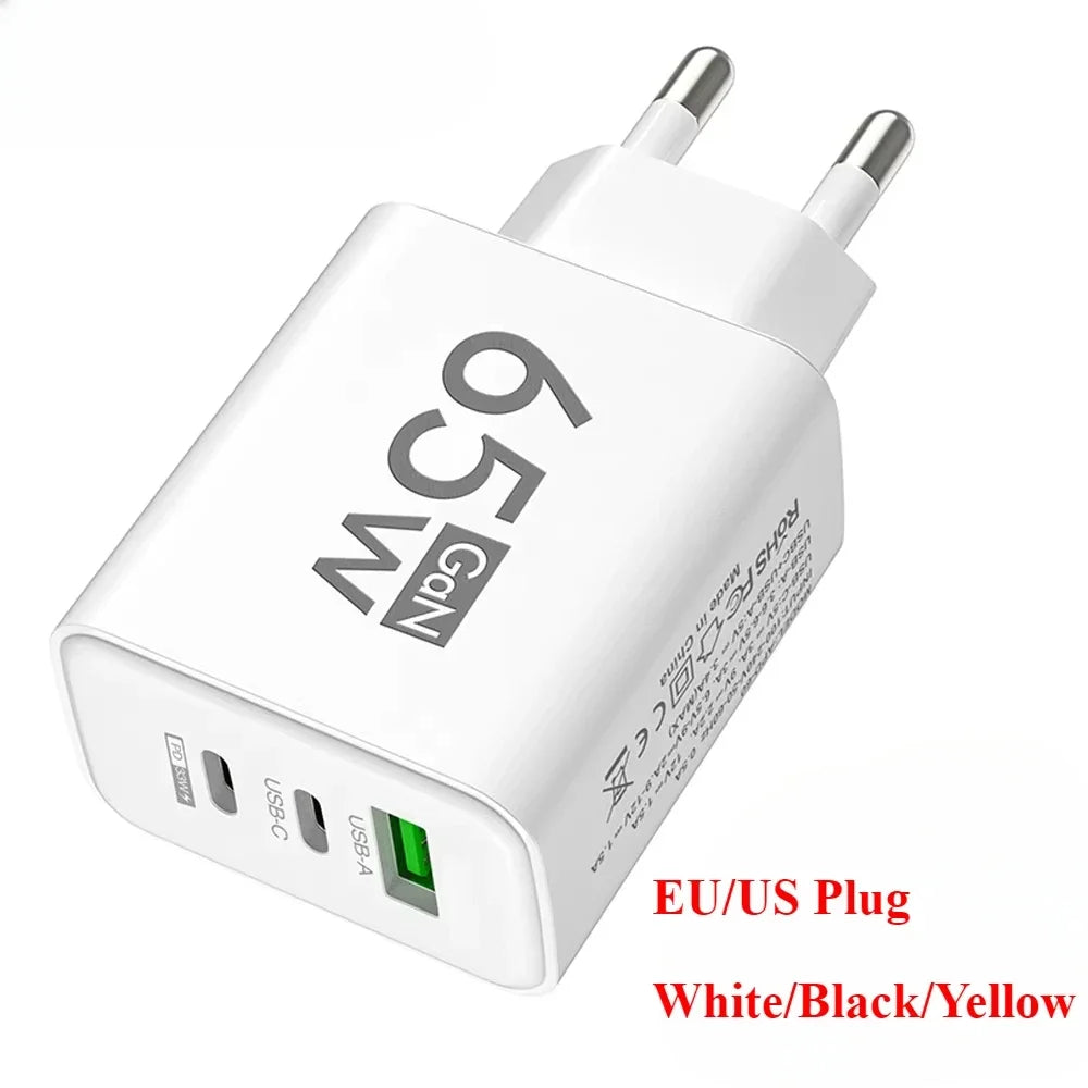 65W Gan Fast Charging Charger USB PD Type-C Multi-Port Mobile Phone Adapter for Iphone 15 Pro Max Samsung Xiaomi Huawei